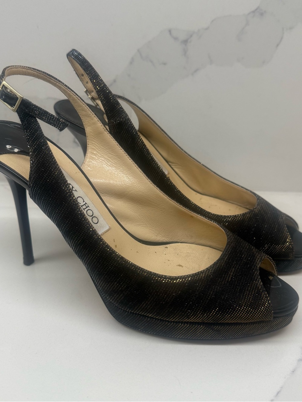 Jimmy Choo Black & Gold Metallic Glitter Slingback Peep-Toe Pumps